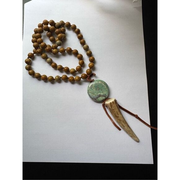 Vintage Native American Viscolite & Jasper Beaded Antler Necklace Navajo Boho - Picture 3 of 7